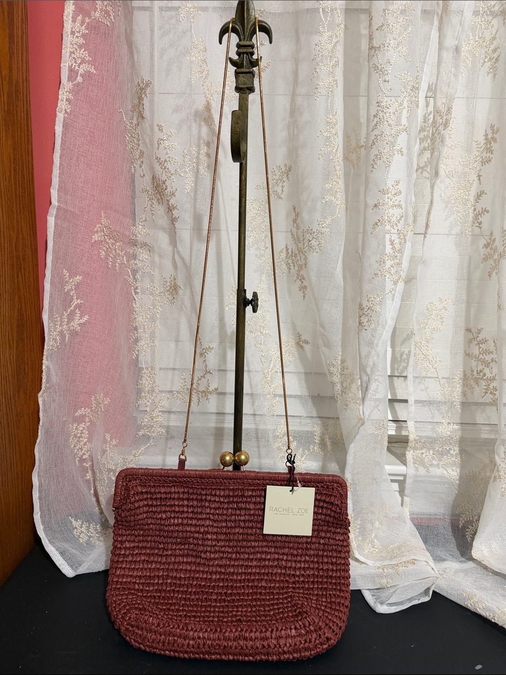 Rachel Zoe large straw clutch and gold chain crossbody